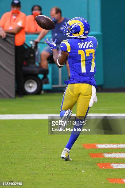 Robert Woods of the Los Angeles Rams catches a pass for a touchdown against the Miami Dolphins during their NFL game at Hard Rock Stadium on November...