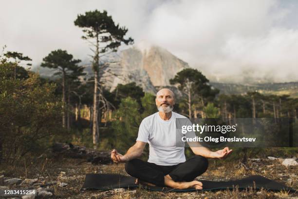 male senior practicing yoga outside with mountain view. praying and meditating alone. health and harmony with nature. - gourou photos et images de collection