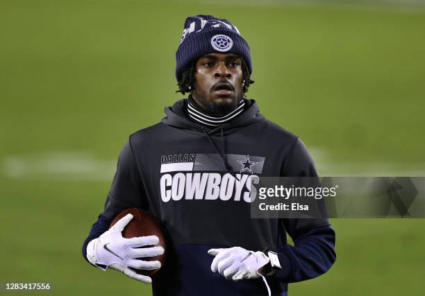 Safety Trevon Diggs of the Dallas Cowboys warms up before the game against the Philadelphia Eagles at Lincoln Financial Field on November 01, 2020 in...