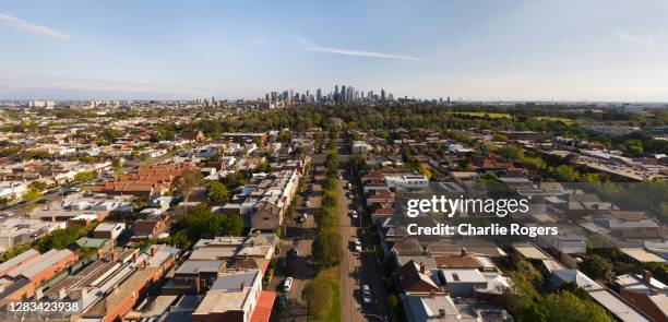 aerial of suburban melbourne and cbd - suburban community stock pictures, royalty-free photos & images