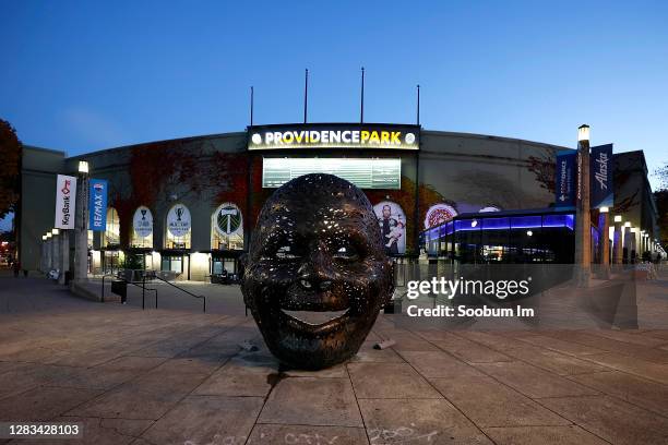 General view of the facade of Providence Park before a MLS soccer match between the Portland Timbers and the Vancouver Whitecaps on November 01, 2020...