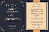 Restaurant menu design. Vector brochure template for cafe, coffee house, restaurant, bar. Food and drinks logotype symbol design. Vintage background