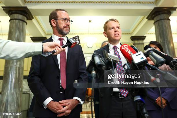 Ministers Andrew Little and Chris Hipkins speak to media during a Labour press conference at Parliament on November 02, 2020 in Wellington, New...