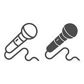 Microphone line and solid icon, Sound design concept, mic sign on white background, Microphone with cord icon in outline style for mobile concept and web design. Vector graphics.