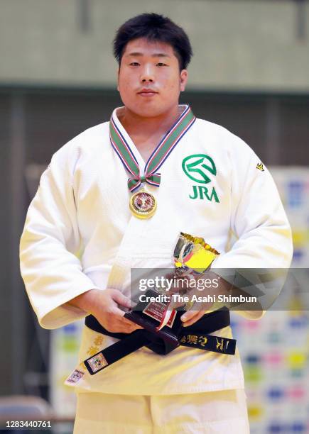 Winner Kokoro Kageura poses at the medal ceremony for the Men's +100kg on day two of the Judo Kodokan Cup at the Chiba Port Arena on November 1, 2020...