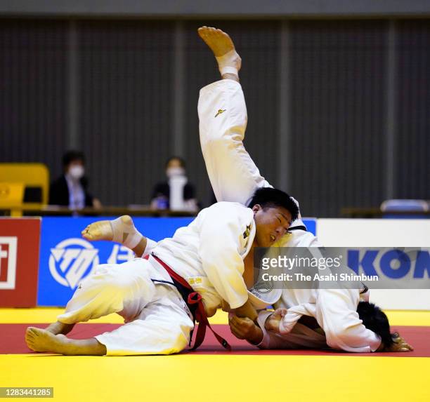 Kokoro Kageura throws Kazuya Sato in the Men's +100kg final on day two of the Judo Kodokan Cup at the Chiba Port Arena on November 1, 2020 in Chiba,...