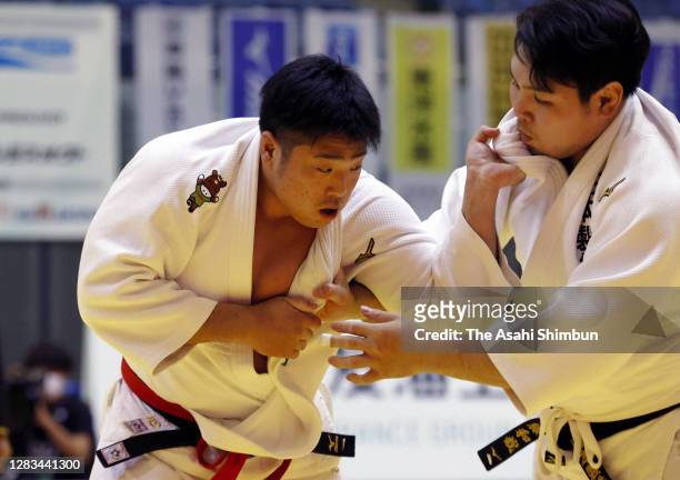Kokoro Kageura and Kazuya Sato compete in the Men's +100kg final on day two of the Judo Kodokan Cup at the Chiba Port Arena on November 1, 2020 in...