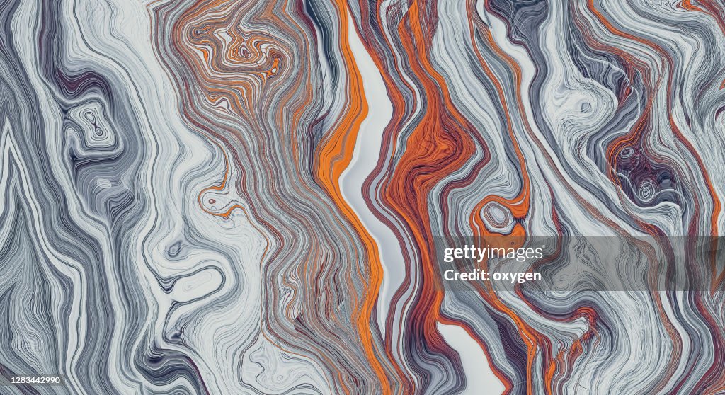 Abstract Marble Waves Acrylic Background. Gray Orange Marbling Texture. Agate Ripple Pattern.