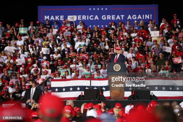 President Donald Trump speaks during his campaign event at Miami-Opa Locka Executive Airport on November 1, 2020 in Opa Locka, Florida. President...