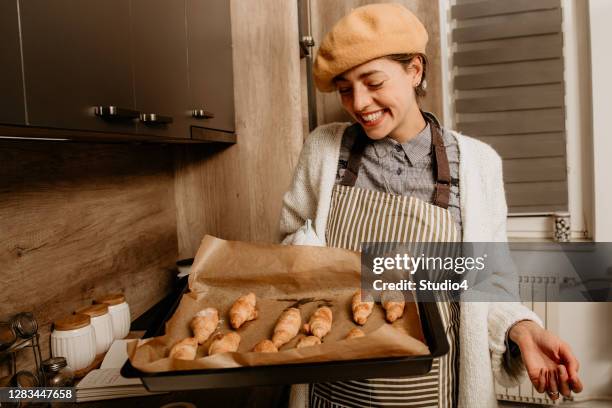 oh la la, the french croissants are ready - beret stock pictures, royalty-free photos & images