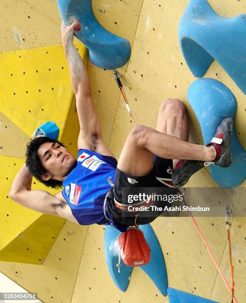 Tomoa Narasaki competes in the Men's Lead on day two of the Sports Climbing Top of the Top 2020 at the Ishizuchi Climbing Park Saijo on November 1,...