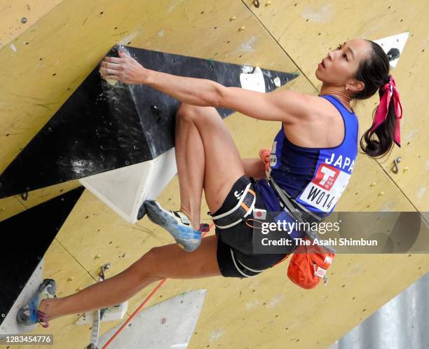 Akiyo Noguchi competes in the Women's Lead on day two of the Sports Climbing Top of the Top 2020 at the Ishizuchi Climbing Park Saijo on November 1,...