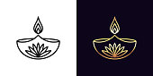 Outline diya icon with editable stroke. Linear golden Diya lamp with fire and lotus flower, Deepavali