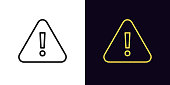 Outline warning icon. Glowing neon warning sign, exclamation mark with editable stroke