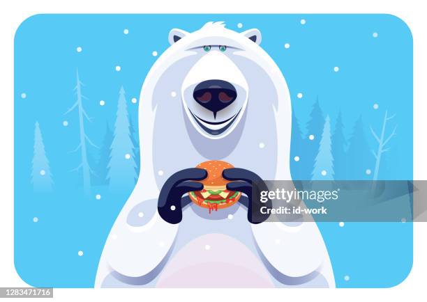 happy polar bear holding hamburger - funny polar bear stock illustrations