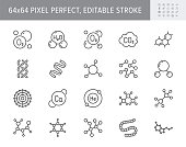 Molecule line icons. Vector illustration included icon amino acid, peptide, hormone, protein, collagen, ozone, O2 chemical formula outline pictogram for chemistry. 64x64 Pixel Perfect Editable Stroke