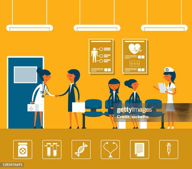 businesswoman in doctors waiting room - waiting list stock illustrations