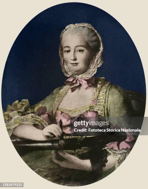 Jeanne-Antoinette Poisson, Marquess of Pompadour, , Portrait on the embroidery hoop, lithograph from a painting by Francois-Hubert Drouais, France,...