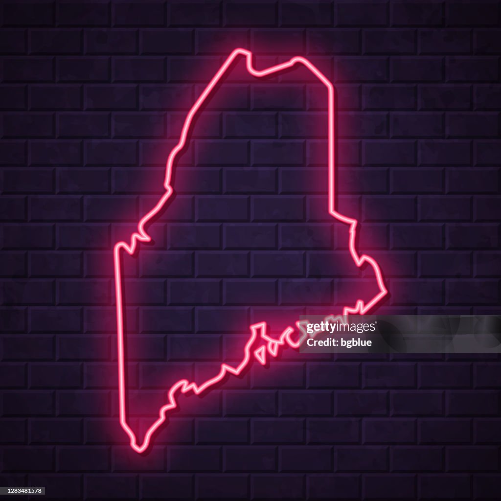 Maine map - Glowing neon sign on brick wall background