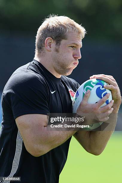 James Haskell of England catches the ball during an England IRB Rugby World Cup 2011 Captain's Run at Onewa Domain on October 7, 2011 in Takapuna,...