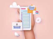 Hand holding mobile smart phone with mail app. Mail service concept.