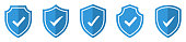 Shield with a checkmark. Protection and security symbol. Set of flat vector icons.