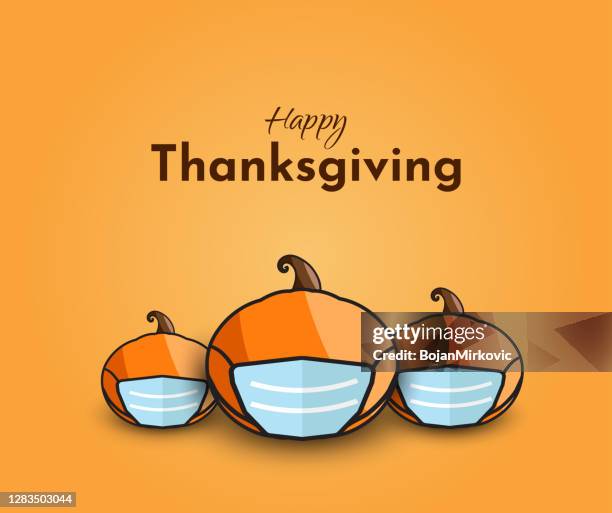 happy thanksgiving poster with pumpkins wearing mask. vector - food orange background stock illustrations