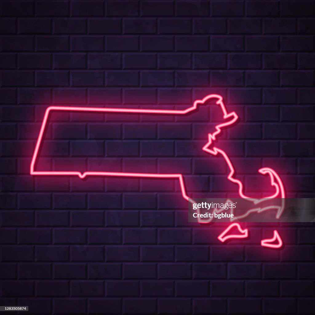 Massachusetts map - Glowing neon sign on brick wall background