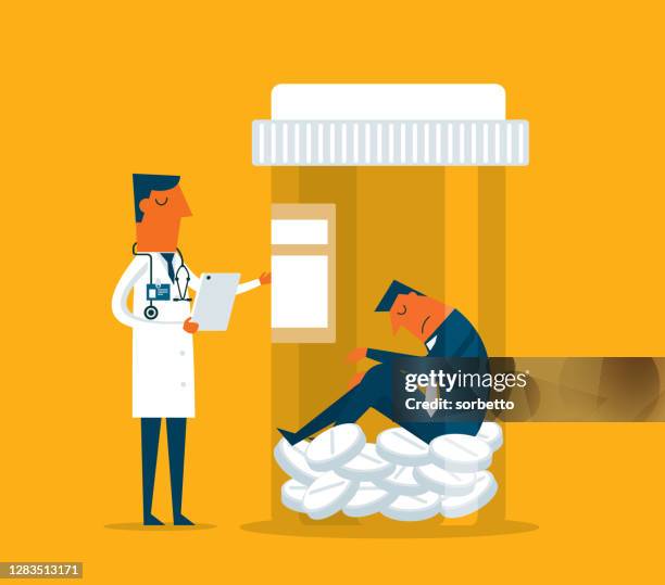 ilustraciones, imágenes clip art, dibujos animados e iconos de stock de botella de píldora - empresario - malos hábitos