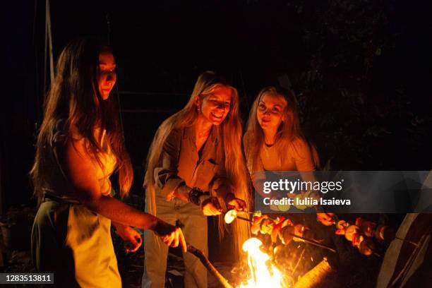 young women roasting food on bonfire - girlfriends party stock-fotos und bilder