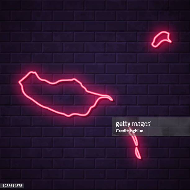 madeira islands map - glowing neon sign on brick wall background - madeira stock illustrations