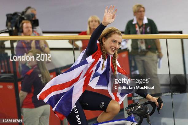 Laura Trott of Great Britain celebrates winning the Gold medal in the Women's Omnium Track Cycling 500m Time Trial on Day 11 of the London 2012...