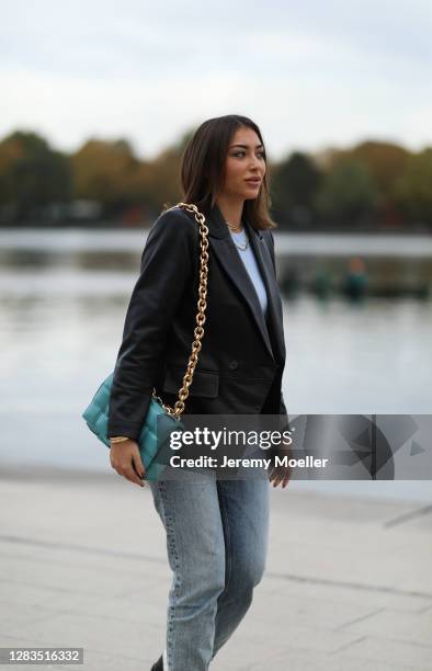 Olivia Levi wearing Anine Bing Jeans and Blazer, Zara top and Bottega Veneta bag on October 23, 2020 in Hamburg, Germany.