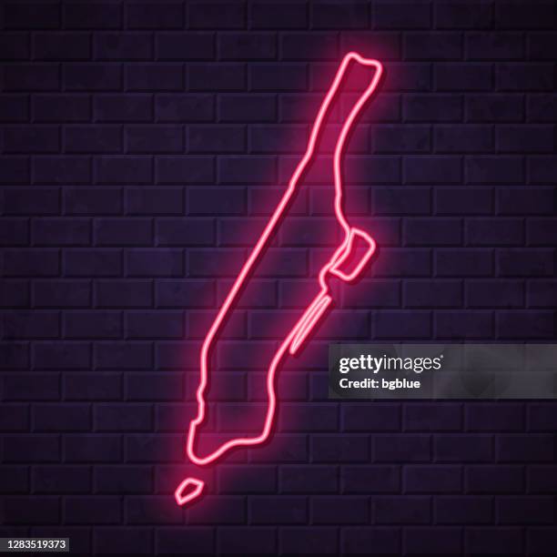 manhattan map - glowing neon sign on brick wall background - manhattan map stock illustrations