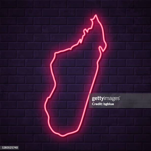 madagaskar karte - leuchtende neon-zeichen auf ziegelwand hintergrund - antananarivo stock-grafiken, -clipart, -cartoons und -symbole