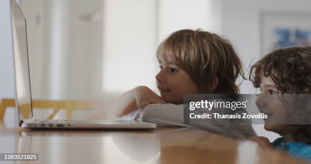 five year old boy and his 3 year old brother using a digital tablet - ausbildung digital stock-fotos und bilder