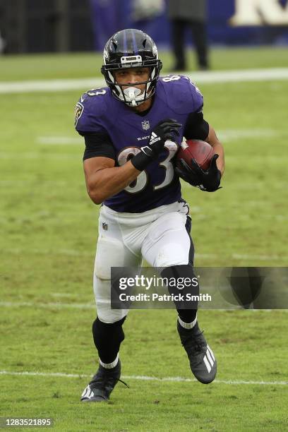 Wide receiver Willie Snead of the Baltimore Ravens rushes with the ball against the Pittsburgh Steelers at M&T Bank Stadium on November 01, 2020 in...