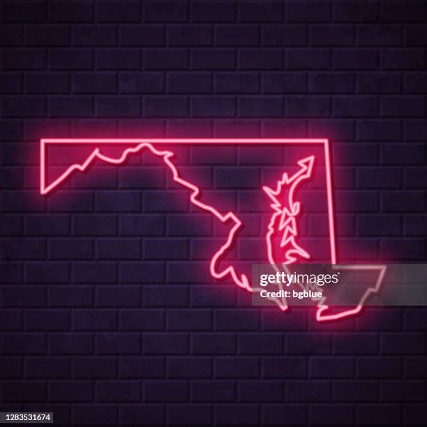 maryland map - glowing neon sign on brick wall background - maryland us state stock illustrations