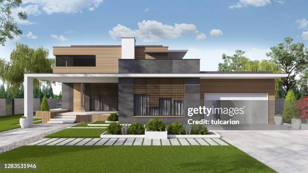 luxurious beautiful modern villa with front yard garden - housing development rendering stock pictures, royalty-free photos & images