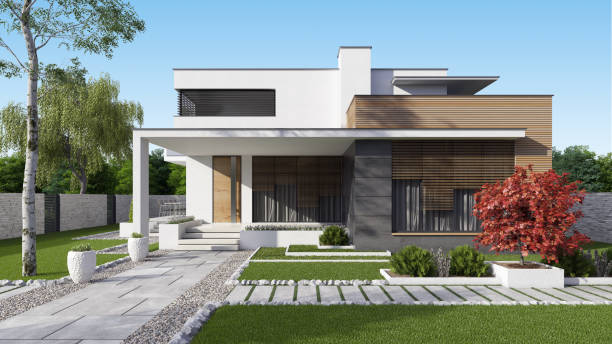 luxurious beautiful modern villa with front yard garden - modern stock pictures, royalty-free photos & images