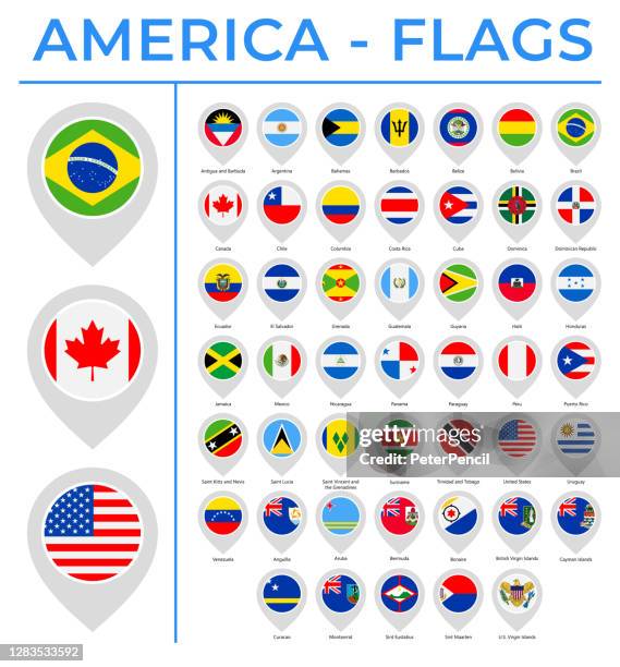 world flags - america - north, central and south - vector round circle pin flat icons - american flag pin stock illustrations