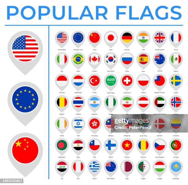 world flags - vector round pin flat icons - most popular - flag stock illustrations
