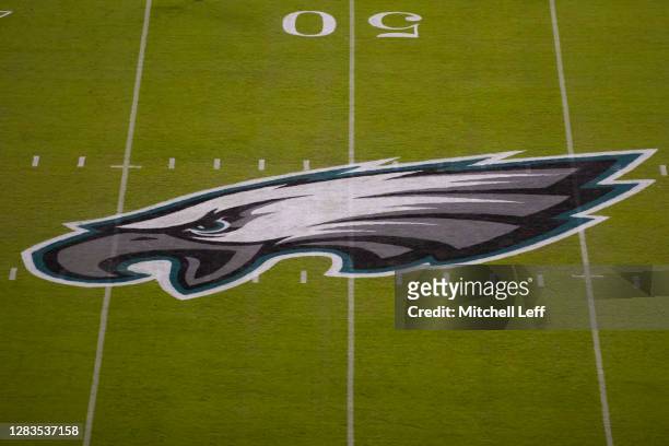 Detailed view of the Philadelphia Eagles logo at midfield prior to the game against the Dallas Cowboys at Lincoln Financial Field on November 1, 2020...