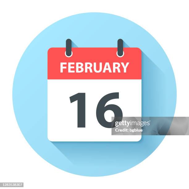 february 16 - round daily calendar icon in flat design style - february stock illustrations