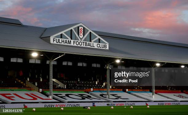 General view inside the stadium prior to the Premier League match between Fulham and West Bromwich Albion at Craven Cottage on November 02, 2020 in...