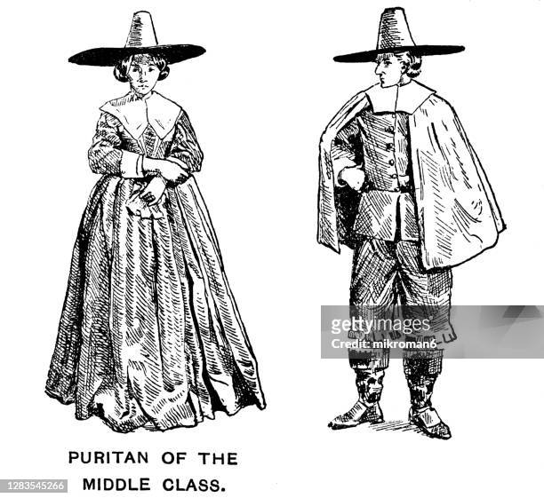 antique illustration of colonial costumes, puritans of the middle class - pilgrim costume stock pictures, royalty-free photos & images