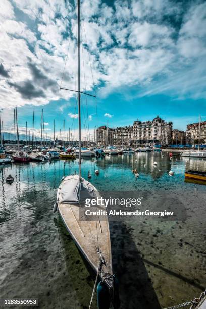 old boat on lake geneva, switzerland - lausanne stock pictures, royalty-free photos & images