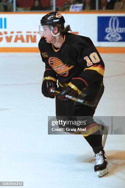 Pavel Bure of the Vancouver Canucks skates against the Toronto Maple Leafs during 1993-1994 NHL playoff game action at Maple Leaf Gardens in Toronto,...
