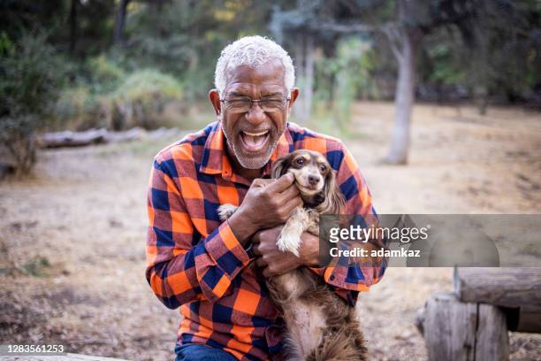 uomo nero anziano con bassotto dai capelli lunghi - pets foto e immagini stock