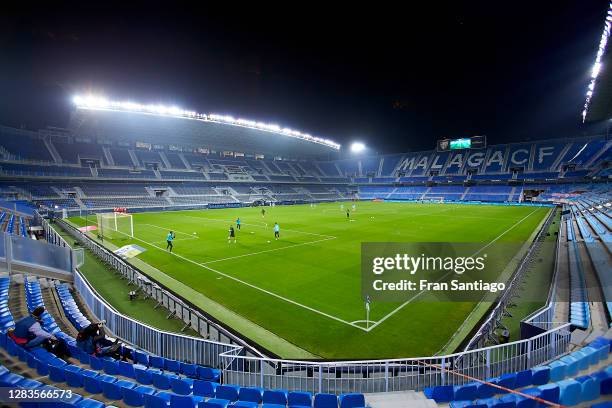 General view of the stadium prior to the La Liga Smartbank match between Malaga CF and RCD Espanyol at La Rosaleda Stadium on November 02, 2020 in...